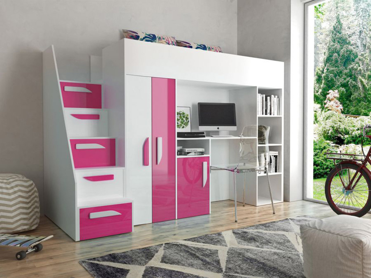 Letto alto Hartford 192 (Bianco + Rosa lucido + Bianco lucido)