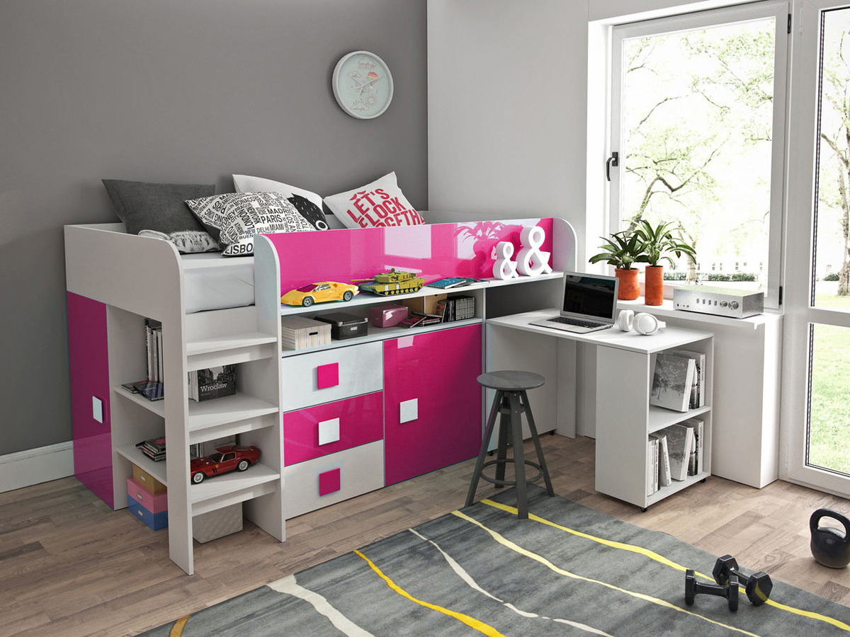 Letto Hartford 190 (Bianco + Rosa lucido + Bianco lucido)