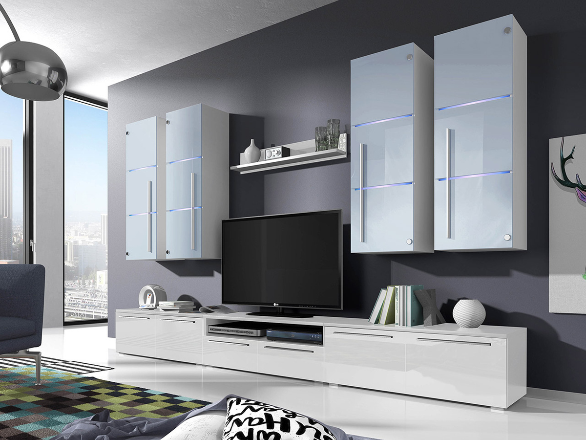 Parete attrezzata Nashville 102 (Bianco + Bianco lucido)