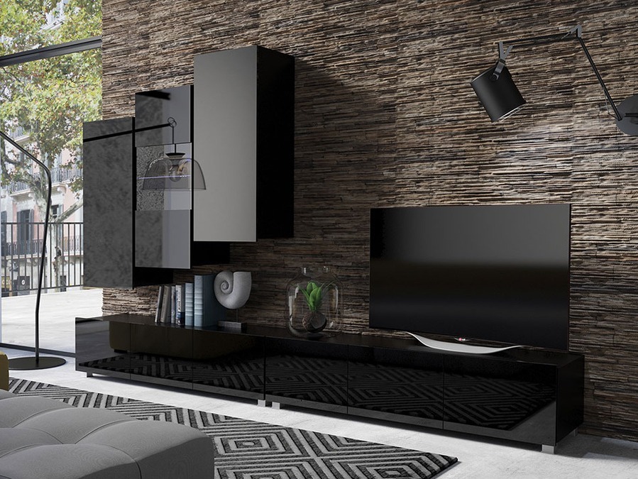 Parete attrezzata Tivdalu 133 (Nero + Nero lucido)