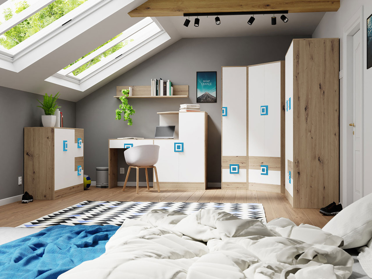 Set di mobili Tolfere 106 (Rovere chiaro + Bianco + Turchese)