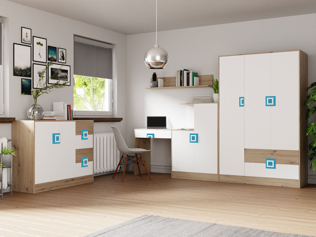 Set di mobili Tolfere 107 (Rovere chiaro + Bianco + Turchese)
