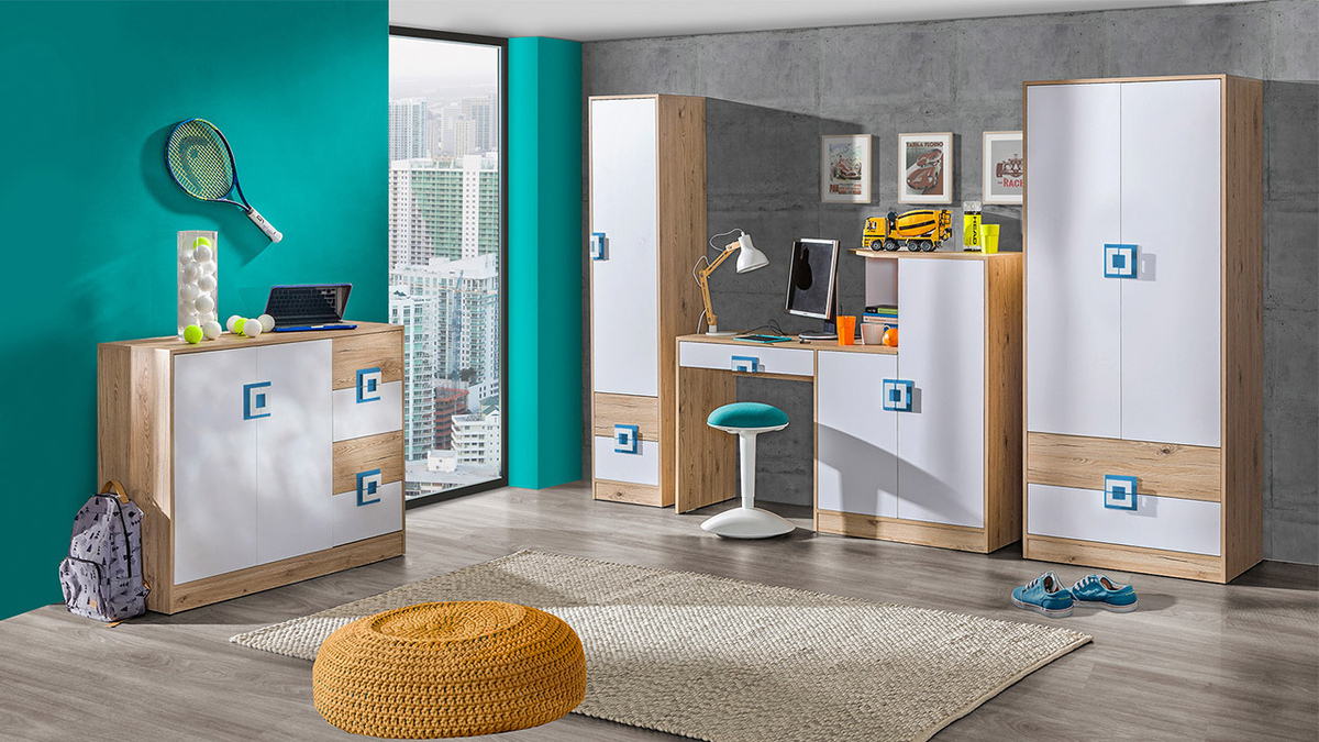 Armadio Balvire 102 (Rovere chiaro + Bianco + Turchese)