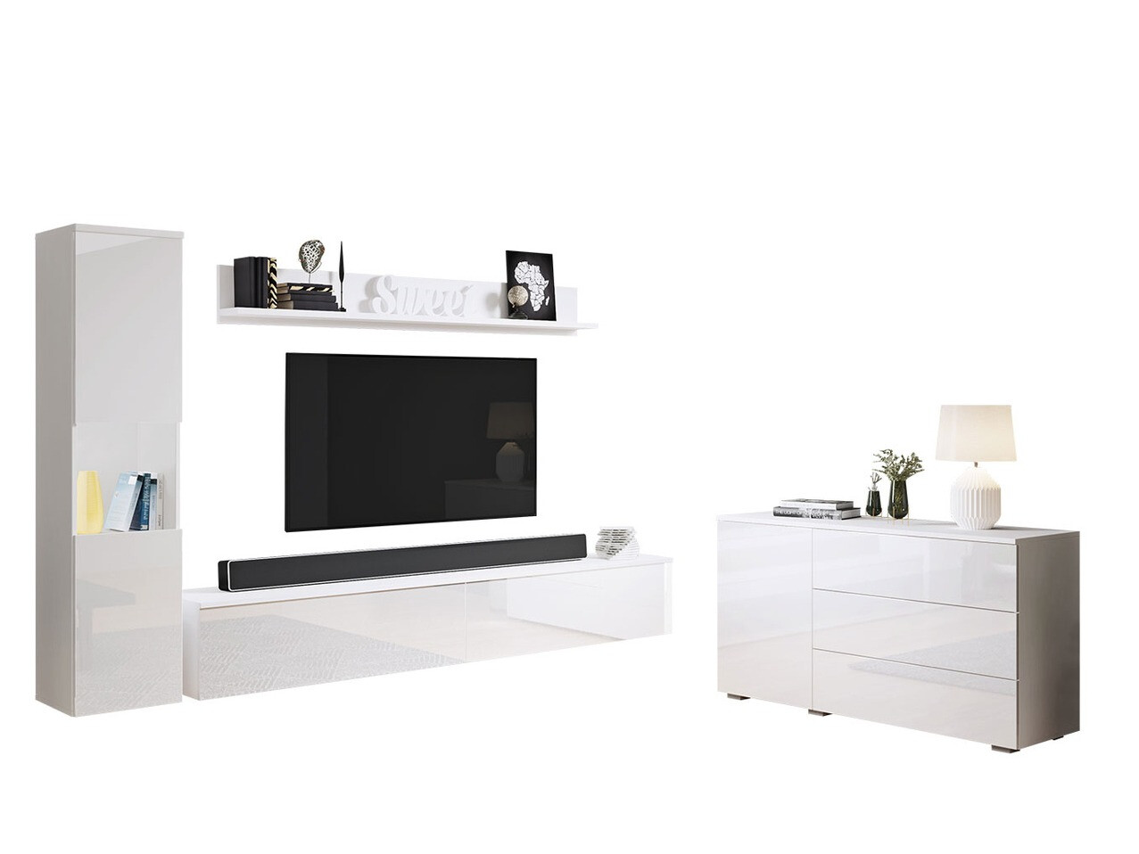 Parete attrezzata Sarasota 132 (Bianco + Bianco lucido)