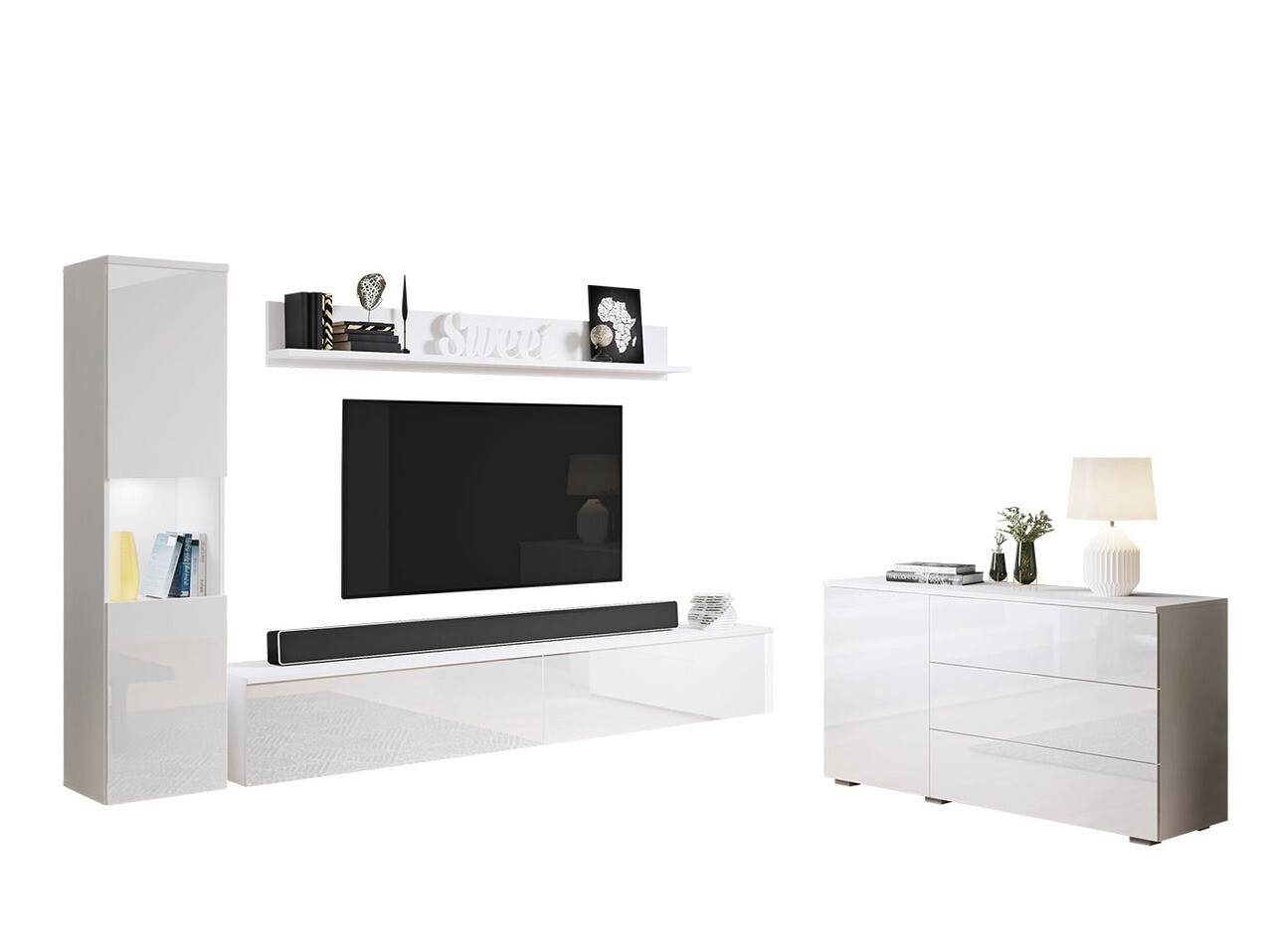 Parete attrezzata Sarasota 132 (Bianco + Bianco lucido)