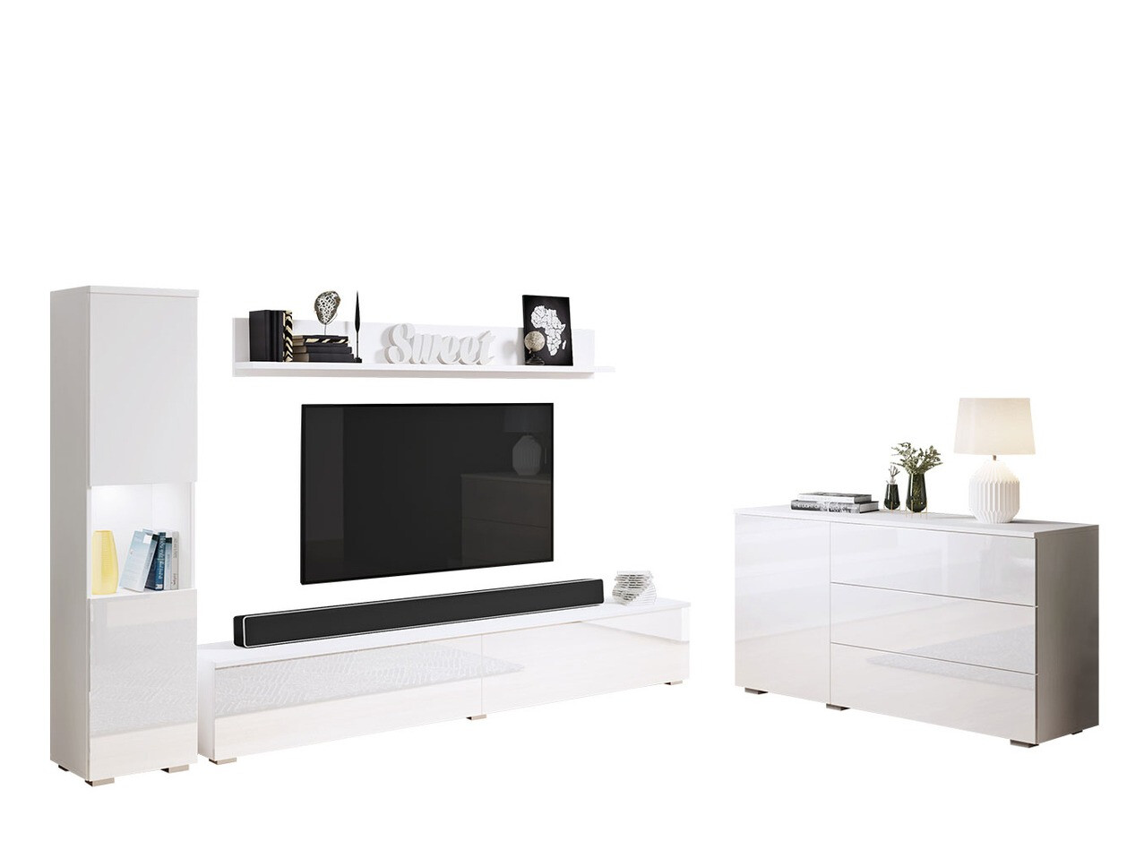 Parete attrezzata Sarasota 132 (Bianco + Bianco lucido)