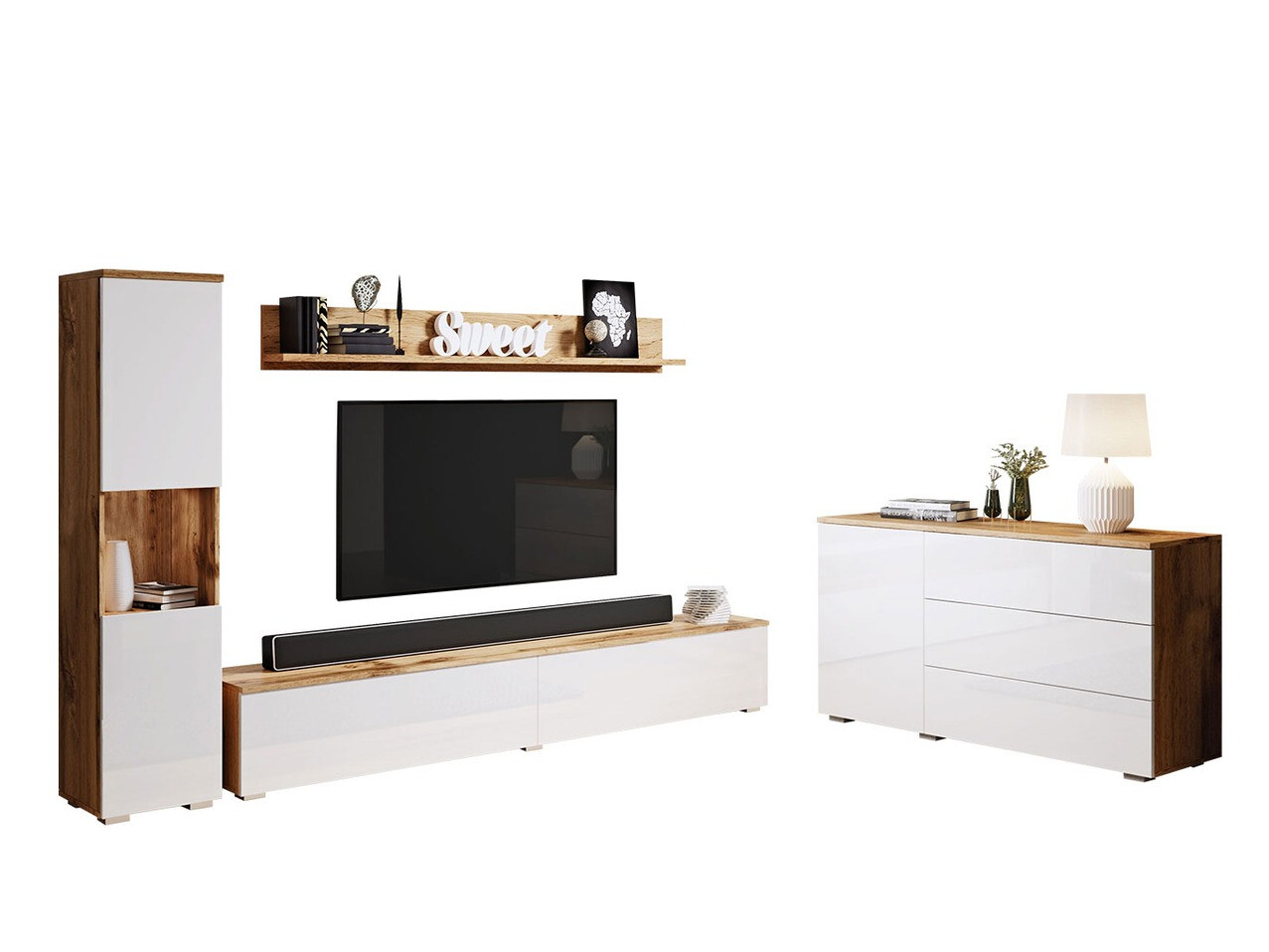 Parete attrezzata Sarasota 132 (Quercia di Wotan + Bianco lucido)