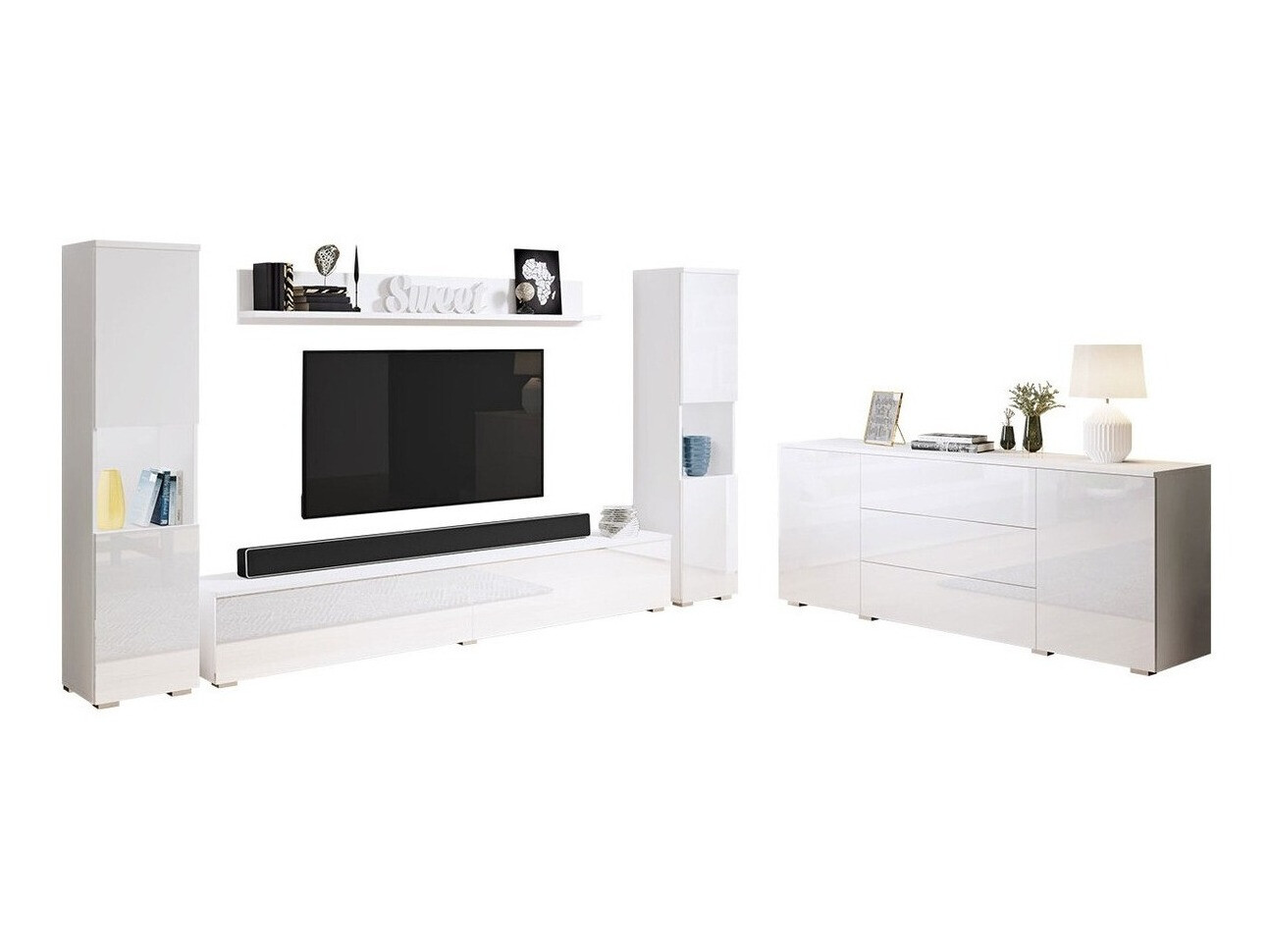 Parete attrezzata Sarasota 133 (Bianco + Bianco lucido)