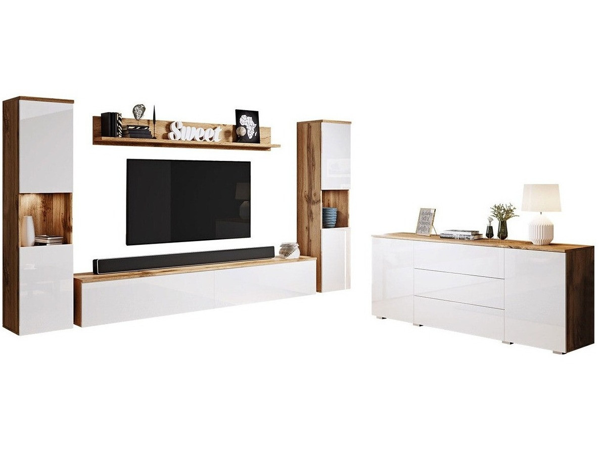 Parete attrezzata Sarasota 133 (Quercia di Wotan + Bianco lucido)