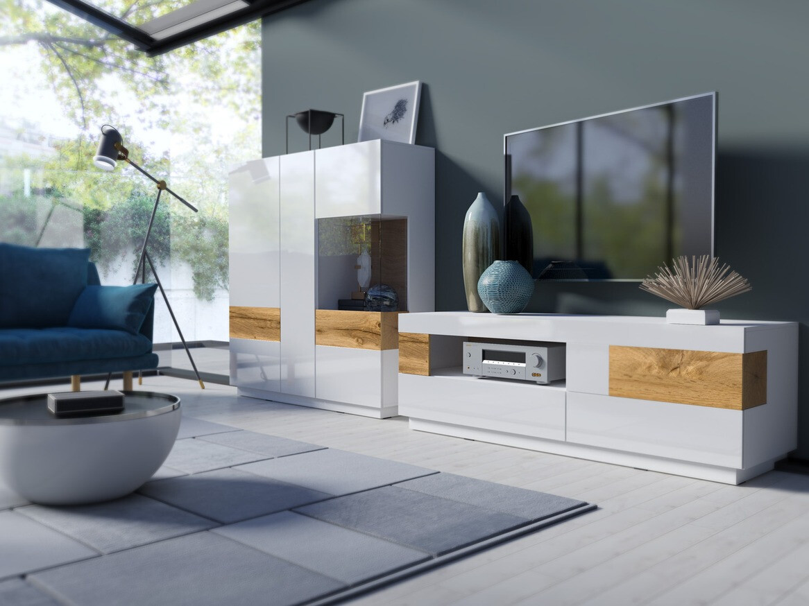 Mobile porta TV Livlore 103 (Bianco + Bianco lucido + Quercia di Wotan)