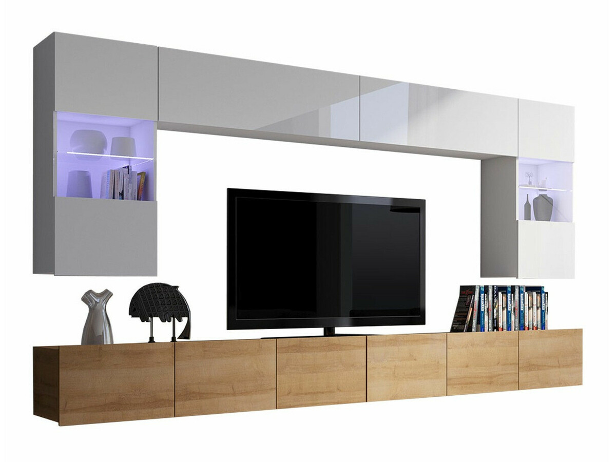 Parete attrezzata Tivdalu 105 (Quercia dorata + Bianco + Bianco lucido)