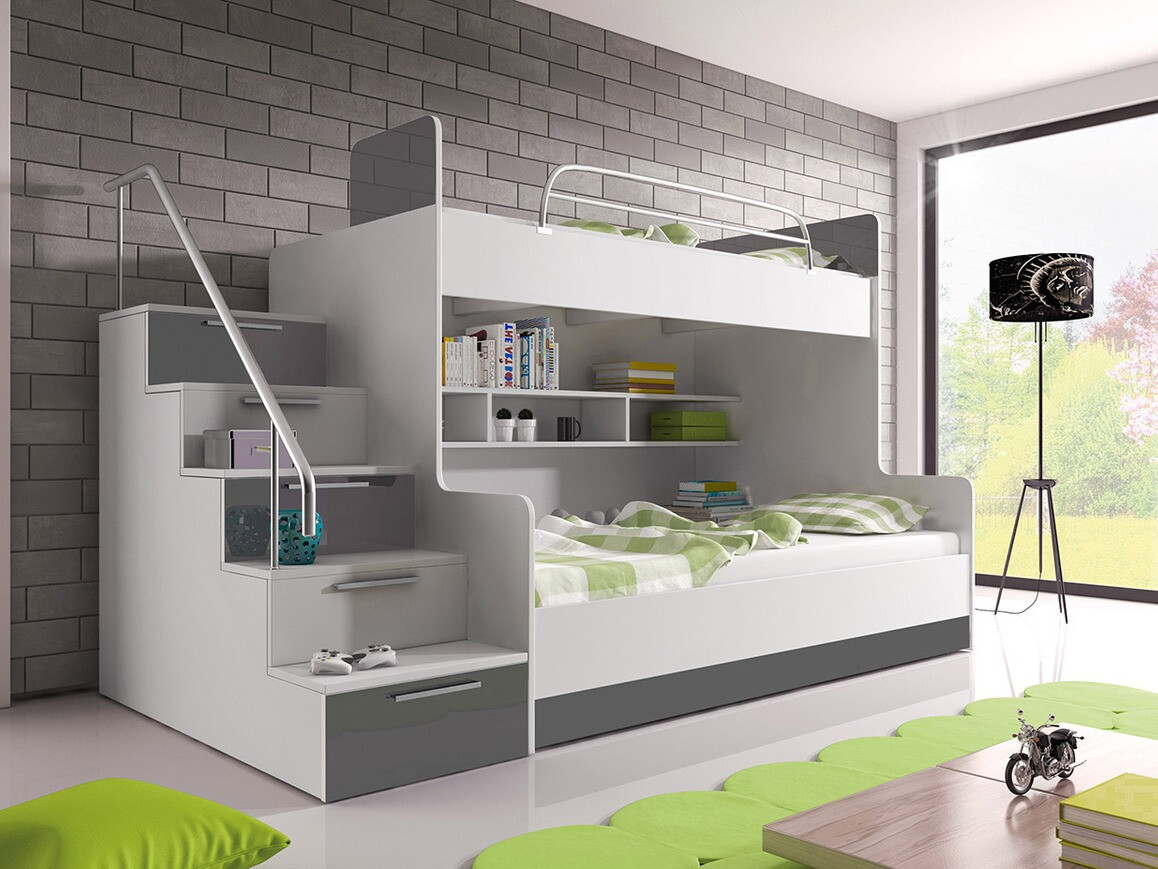 Letto a castello Campus (Bianco + Bianco lucido + Grigio lucido)