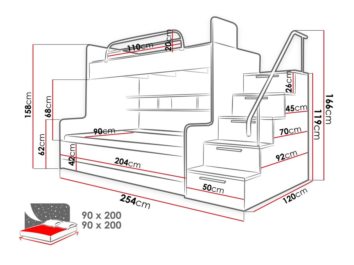 Letto a castello Campus (Bianco + Bianco lucido + Grigio lucido)