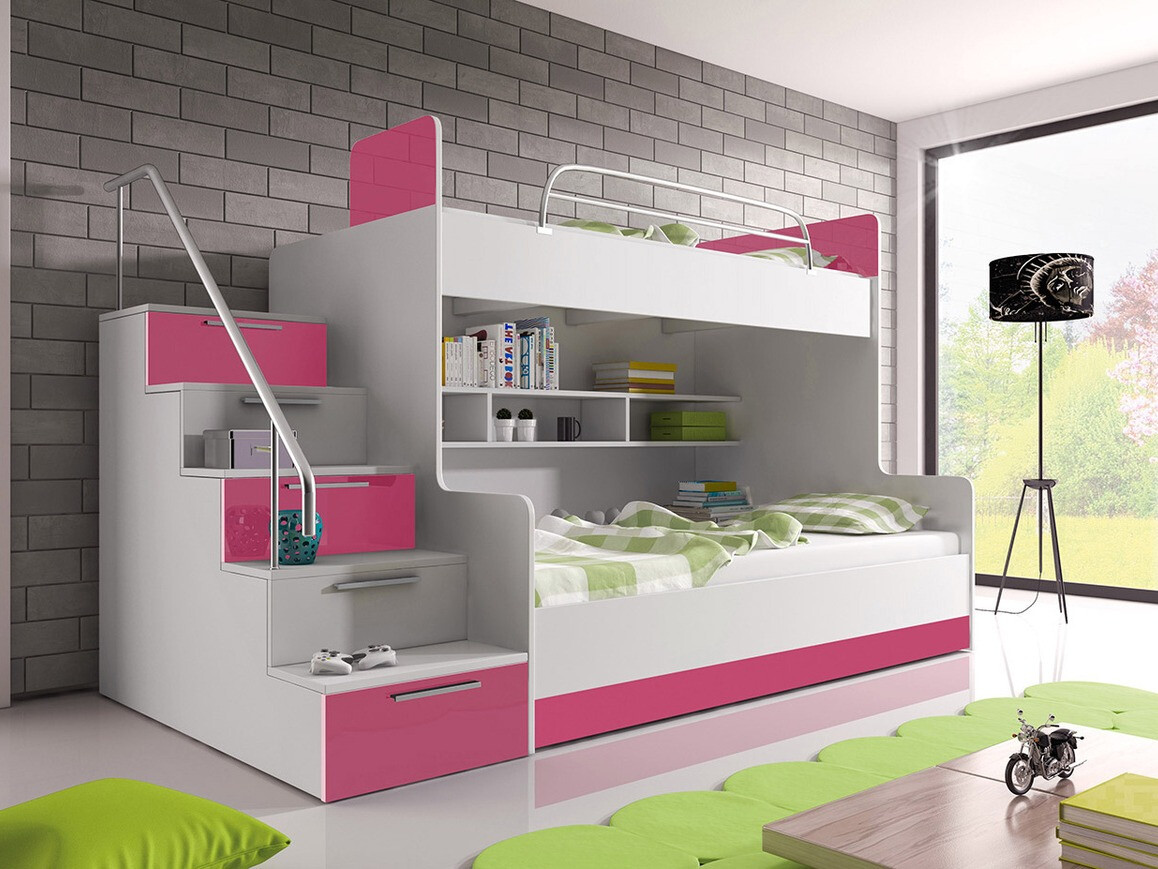 Letto a castello Campus (Bianco + Bianco lucido + Rosa lucido)