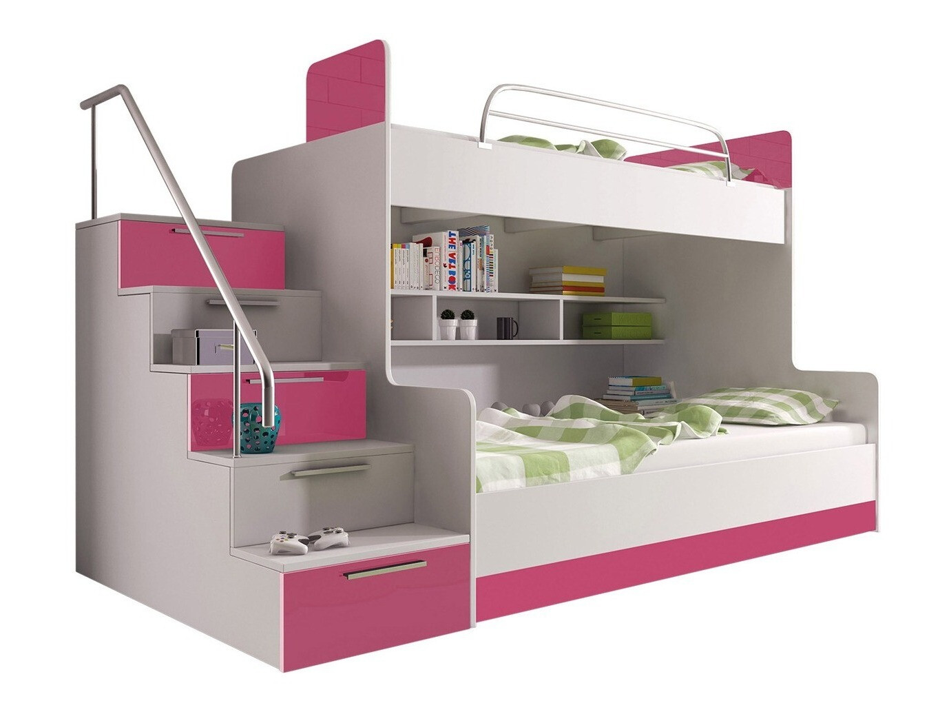 Letto a castello Campus (Bianco + Bianco lucido + Rosa lucido)