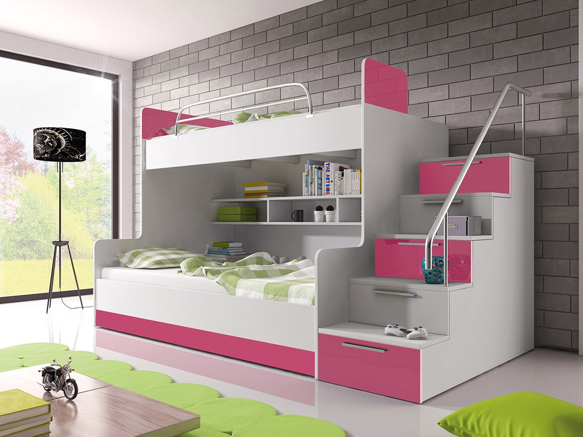 Letto a castello Campus (Bianco + Bianco lucido + Rosa lucido)