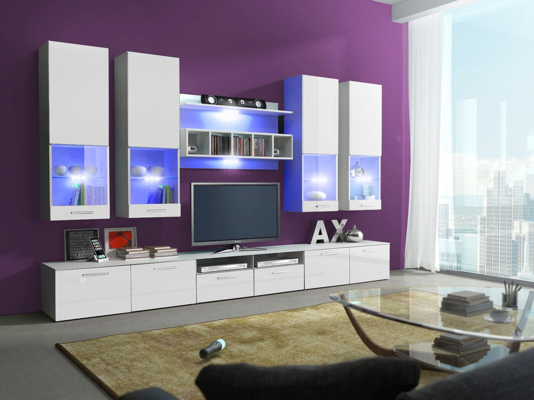 Parete attrezzata Nashville 107 (Bianco + Bianco lucido)