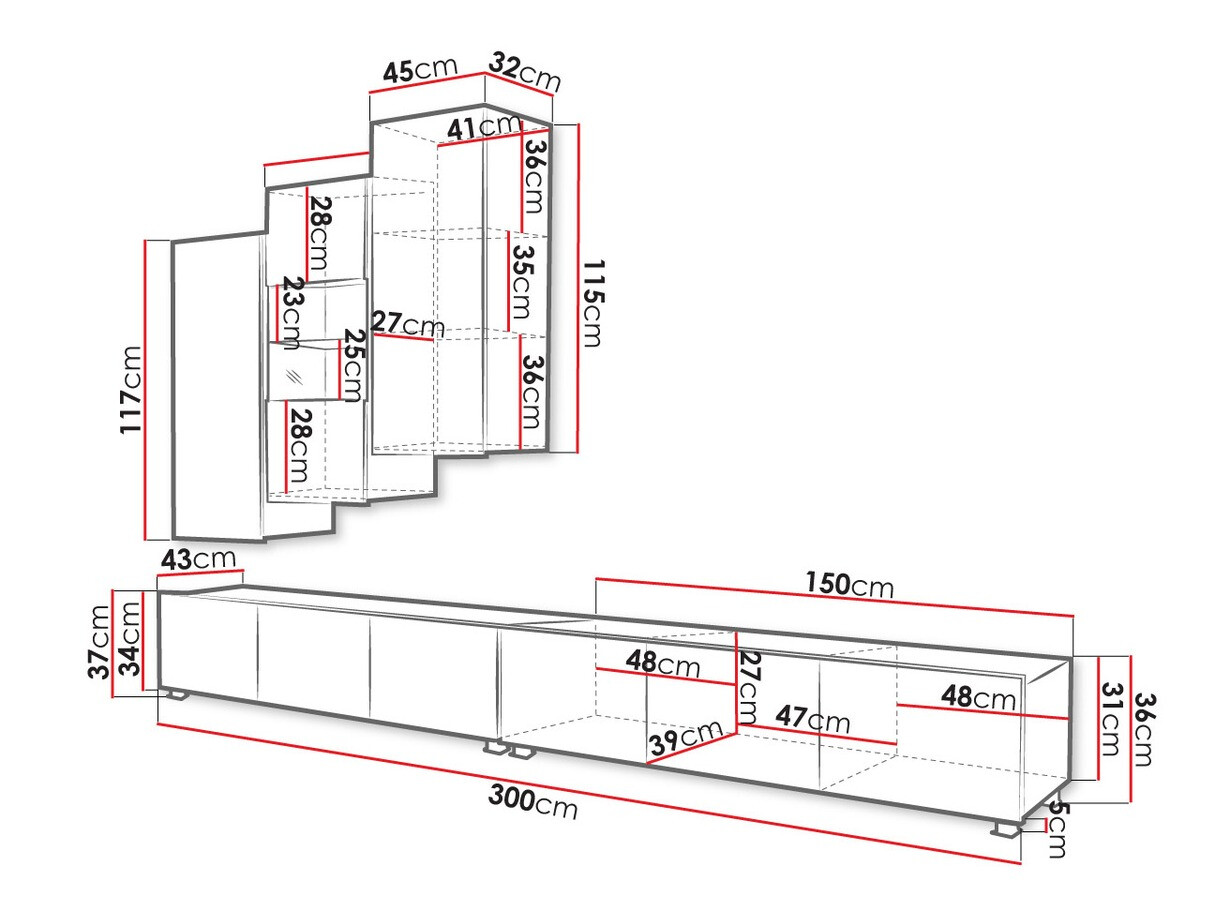 Parete attrezzata Tivdalu 133 (Nero + Nero lucido)