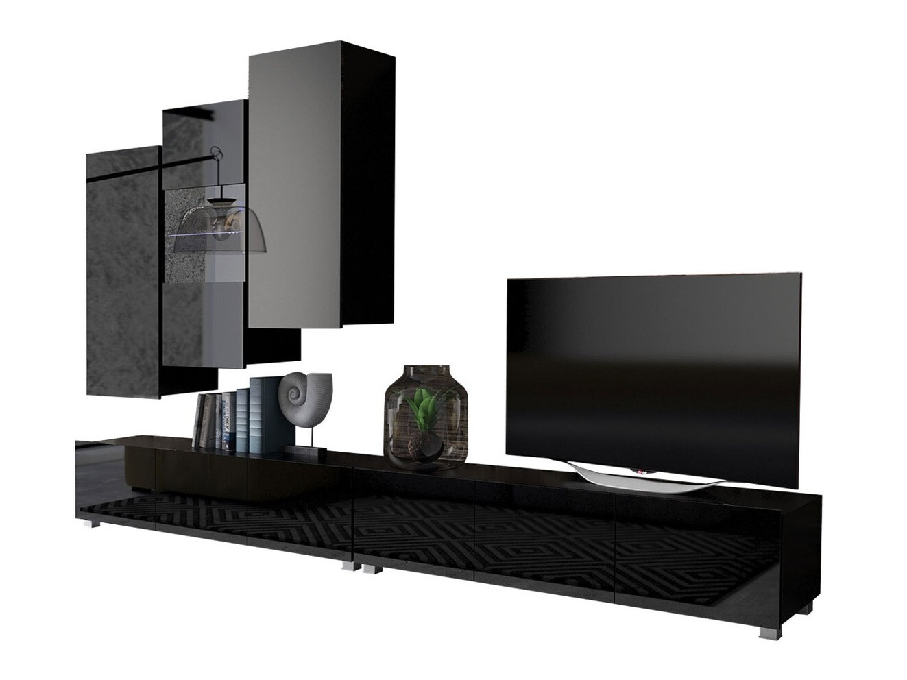 Parete attrezzata Tivdalu 133 (Nero + Nero lucido)