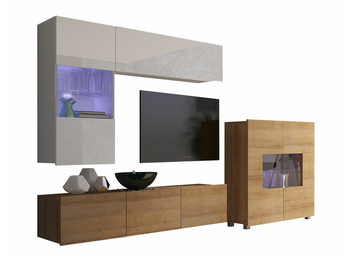 Parete attrezzata Remus III (Quercia dorata + Bianco + Bianco lucido)