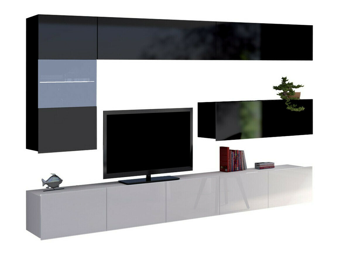 Parete attrezzata Remus IV (Bianco + Bianco lucido + Nero + Nero lucido)