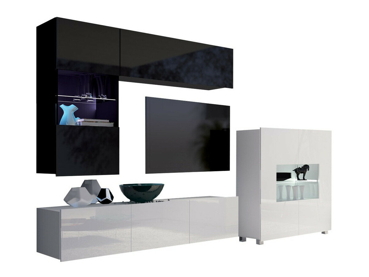 Parete attrezzata Remus III (Nero + Nero lucido + Bianco + Bianco lucido)