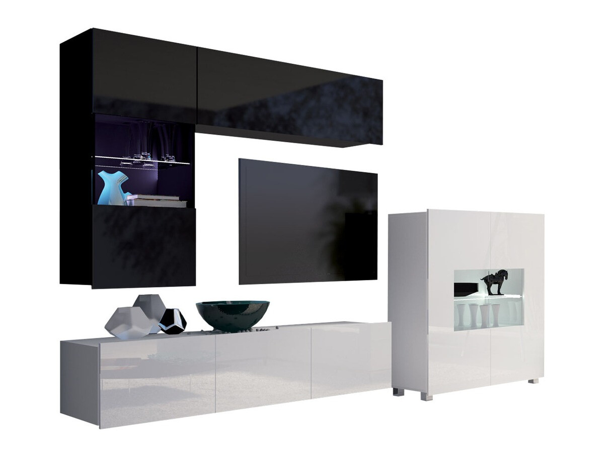 Parete attrezzata Tivdalu 107 (Nero + Nero lucido + Bianco + Bianco lucido)