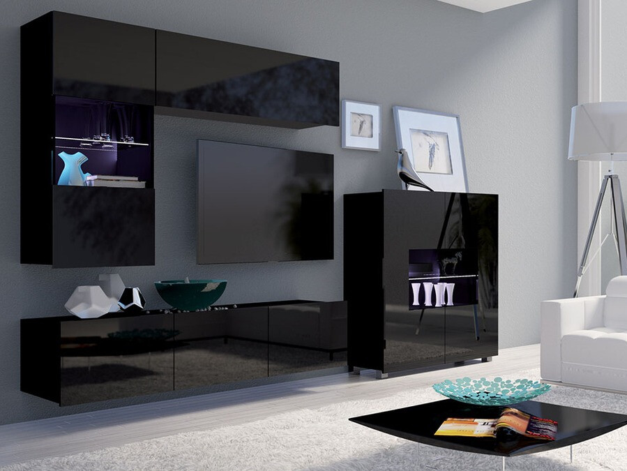 Parete attrezzata Tivdalu 107 (Nero + Nero lucido)