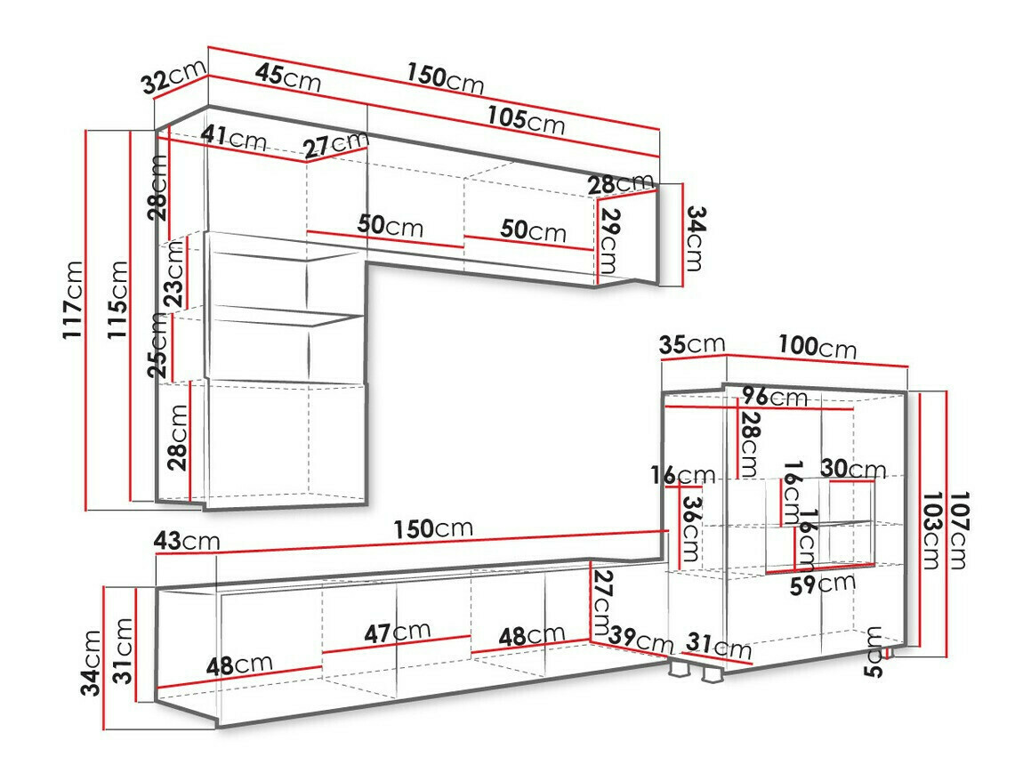 Parete attrezzata Tivdalu 107 (Nero + Nero lucido)