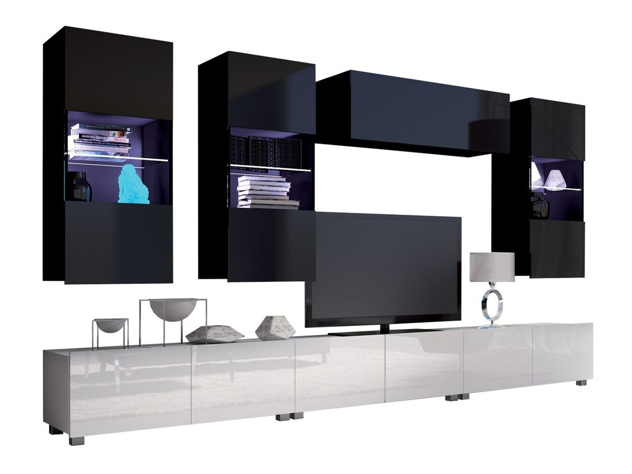 Parete attrezzata Remus XI (Bianco + Bianco lucido + Nero + Nero lucido)