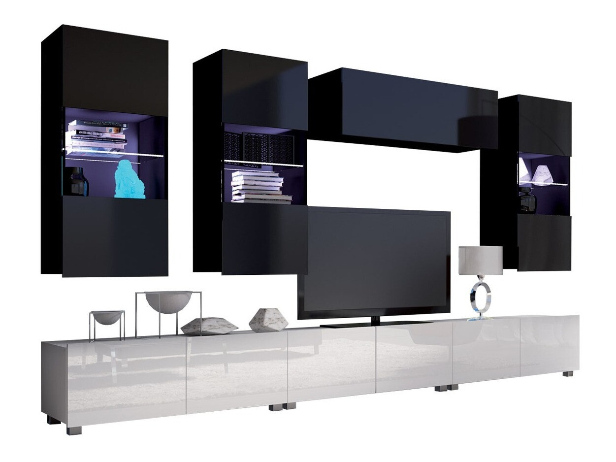 Parete attrezzata Remus XI (Bianco + Bianco lucido + Nero + Nero lucido)