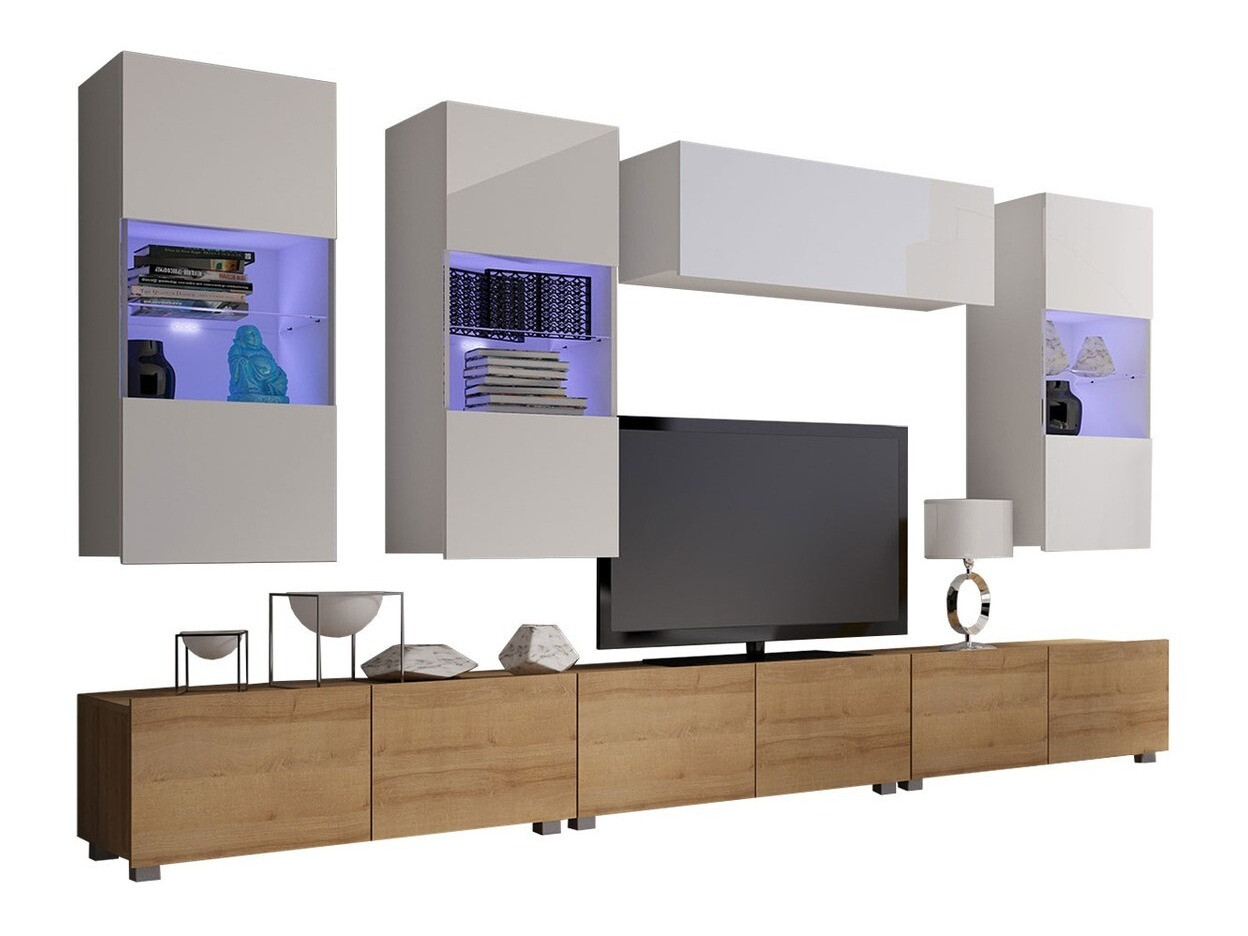 Parete attrezzata Remus XI (Quercia dorata + Bianco + Bianco lucido)