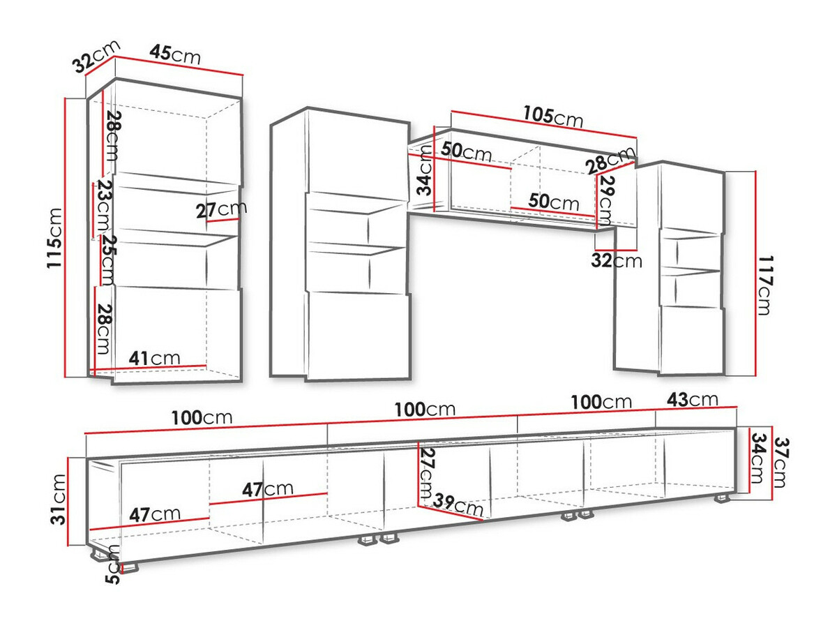 Parete attrezzata Tivdalu 121 (Bianco + Bianco lucido)