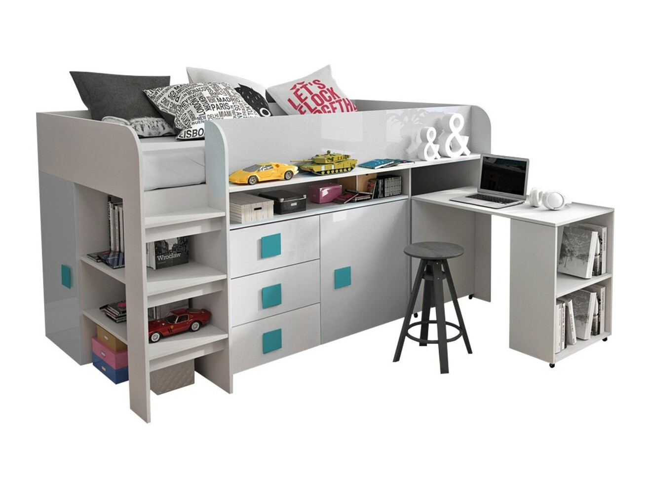 Letto Hartford 190 (Bianco + Bianco lucido + lucidare Turchese)