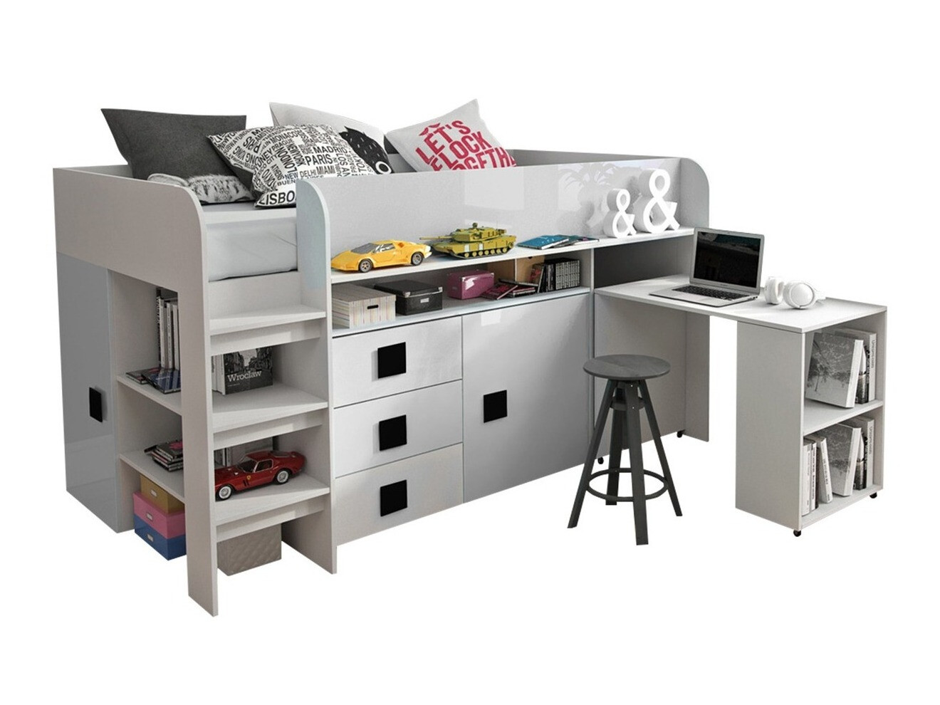 Letto Hartford 190 (Bianco + Bianco lucido + Nero lucido)