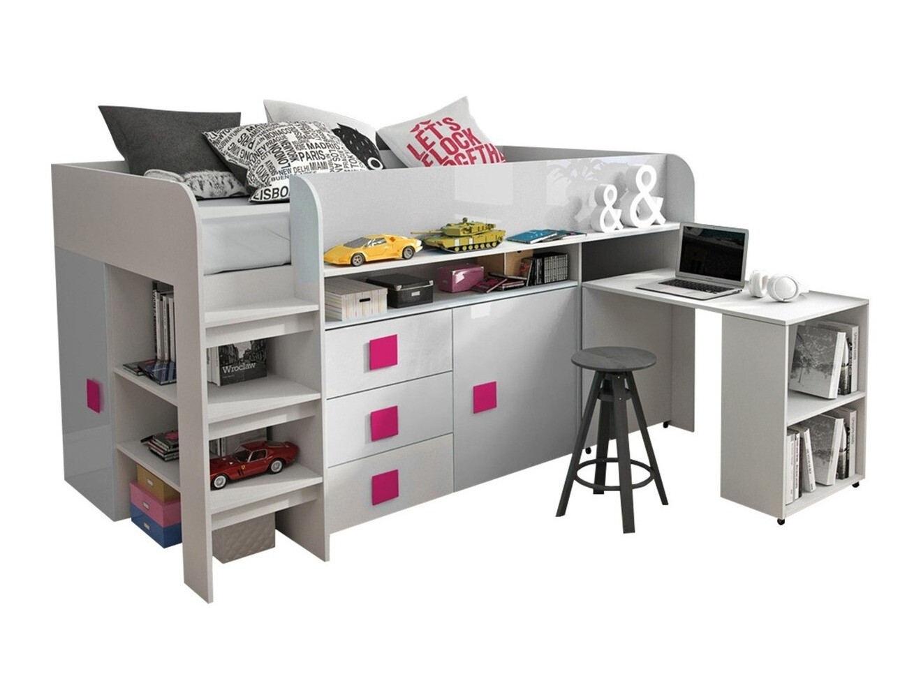 Letto Hartford 190 (Bianco + Bianco lucido + Rosa lucido)