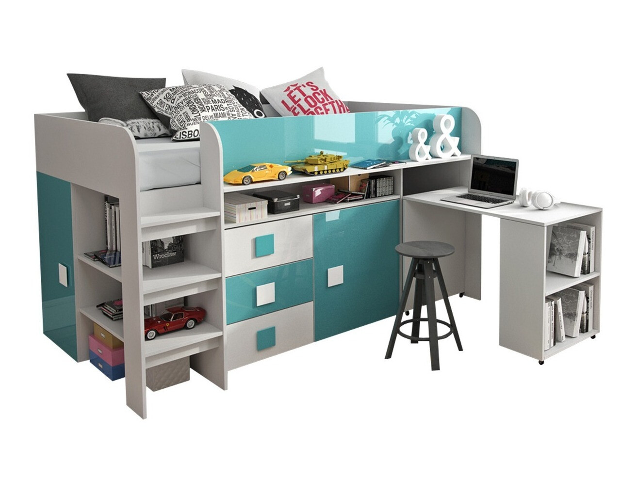 Letto Hartford 190 (Bianco + lucidare Turchese + Bianco lucido)