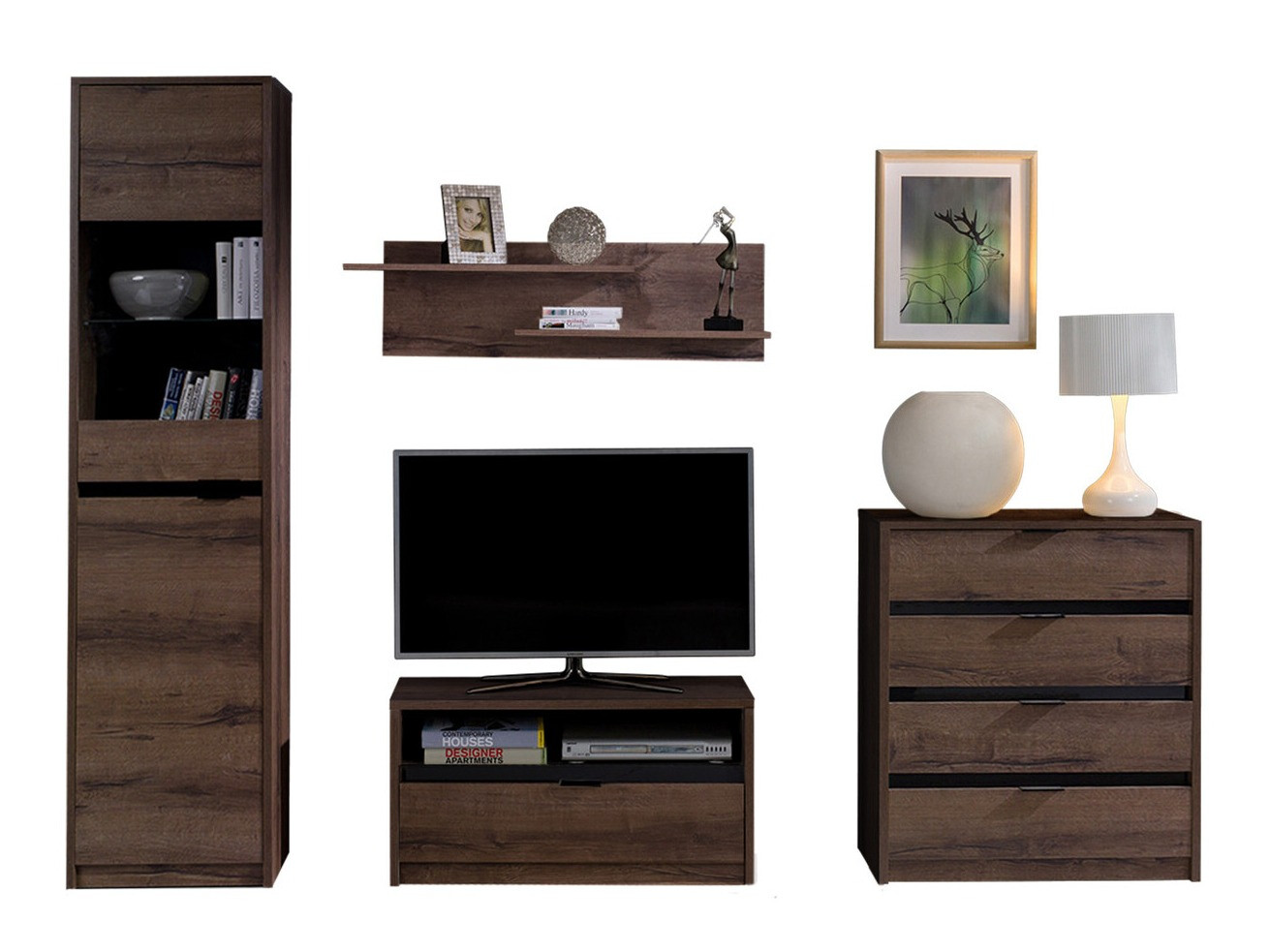 Parete attrezzata Fivelbo 115 (Quercia del Monastery + Nero lucido)