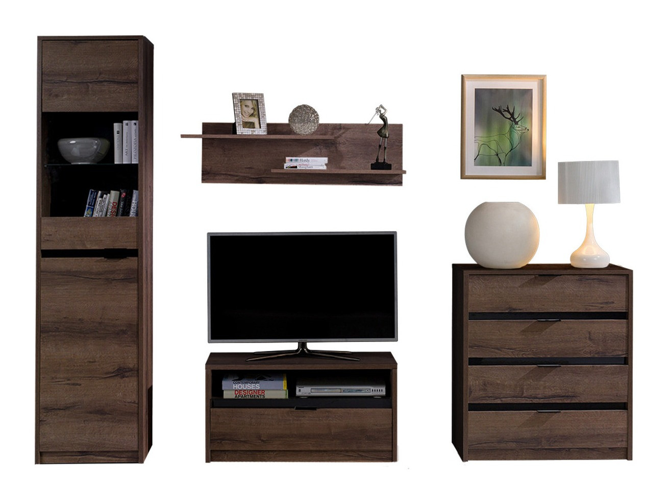 Parete attrezzata Fivelbo 115 (Quercia del Monastery + Nero lucido)