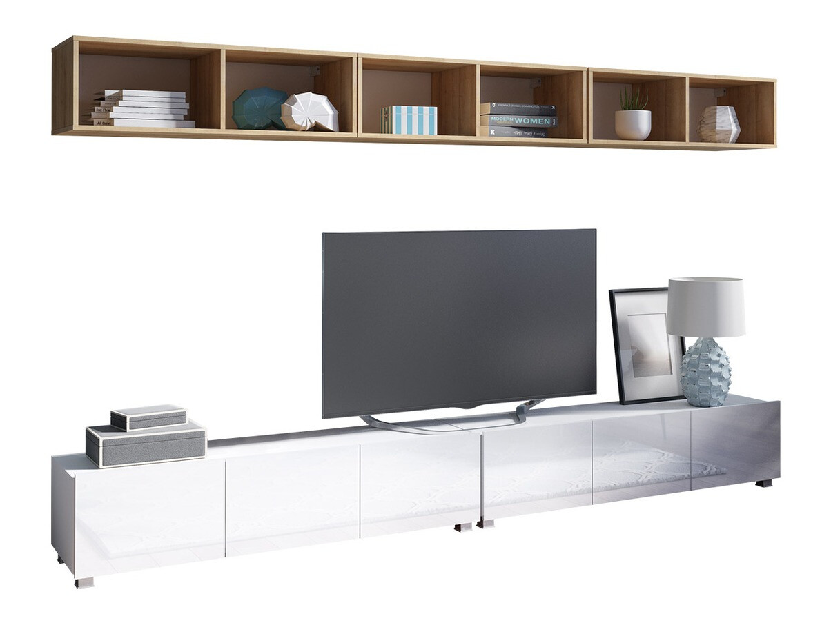 Parete attrezzata Tivdalu 153 (Bianco + Bianco lucido + Quercia dorata)