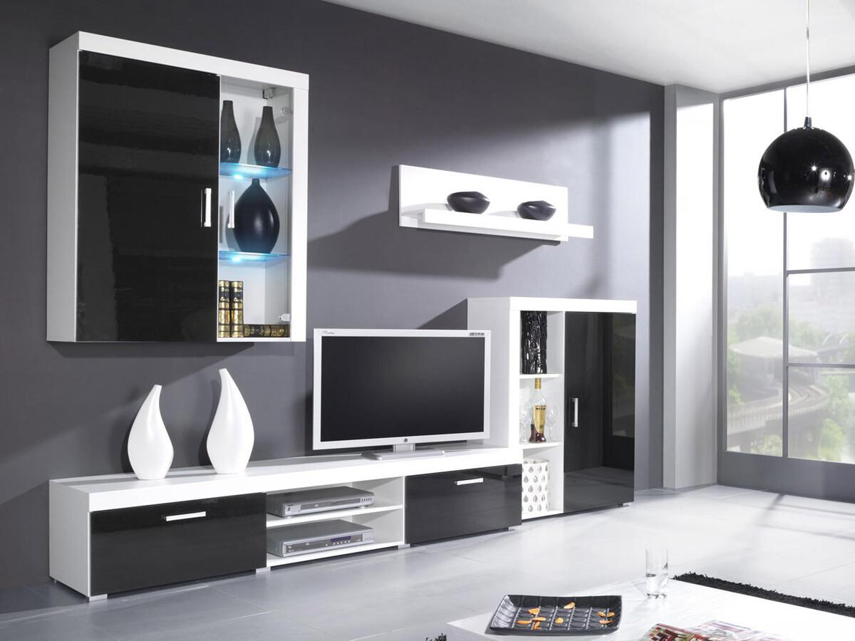 Set mobili soggiorno Charlotte 106 (Bianco + Nero lucido)