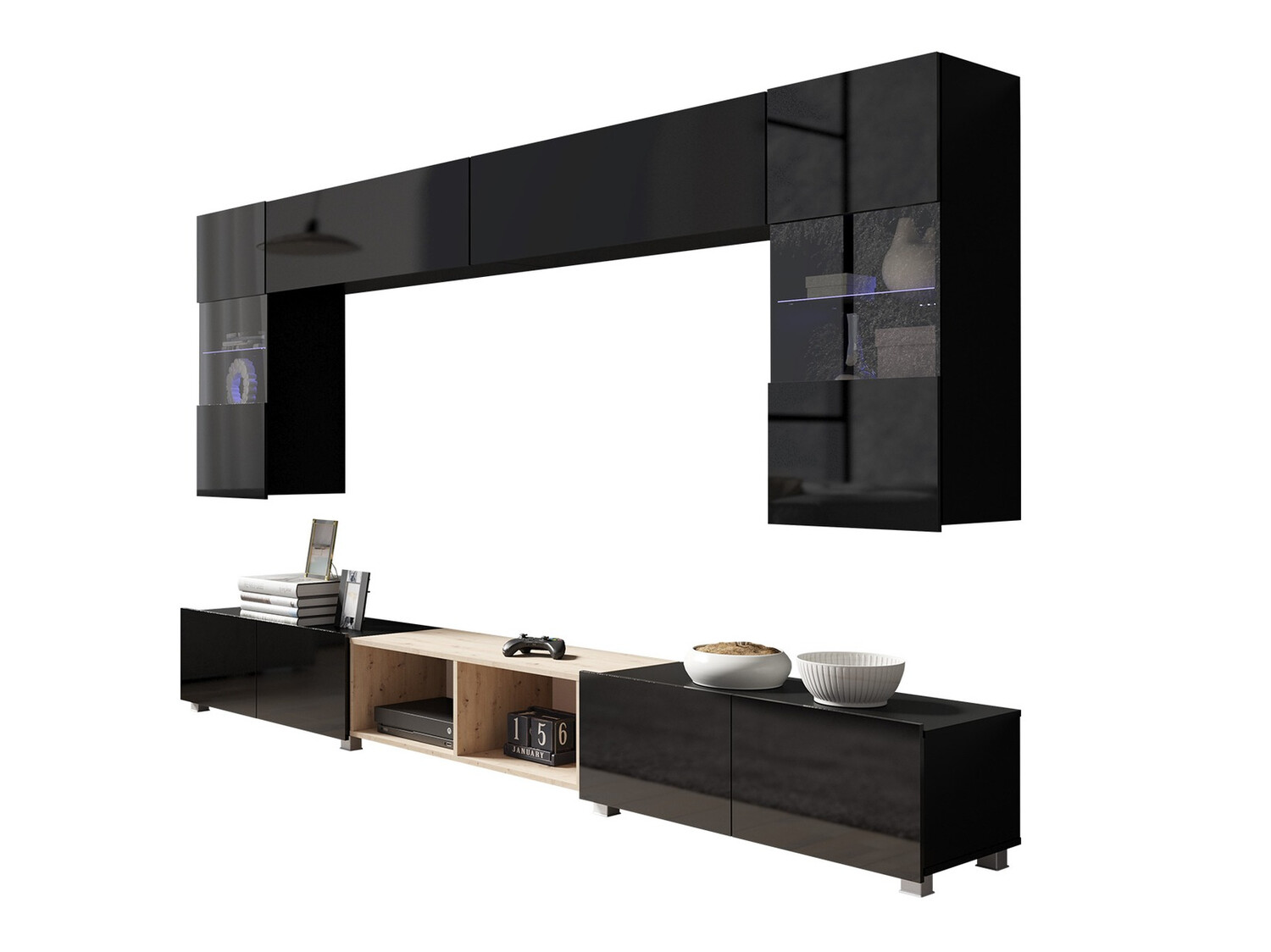 Parete attrezzata Remus XXIV (Nero + Nero lucido + Rovere Artisan)