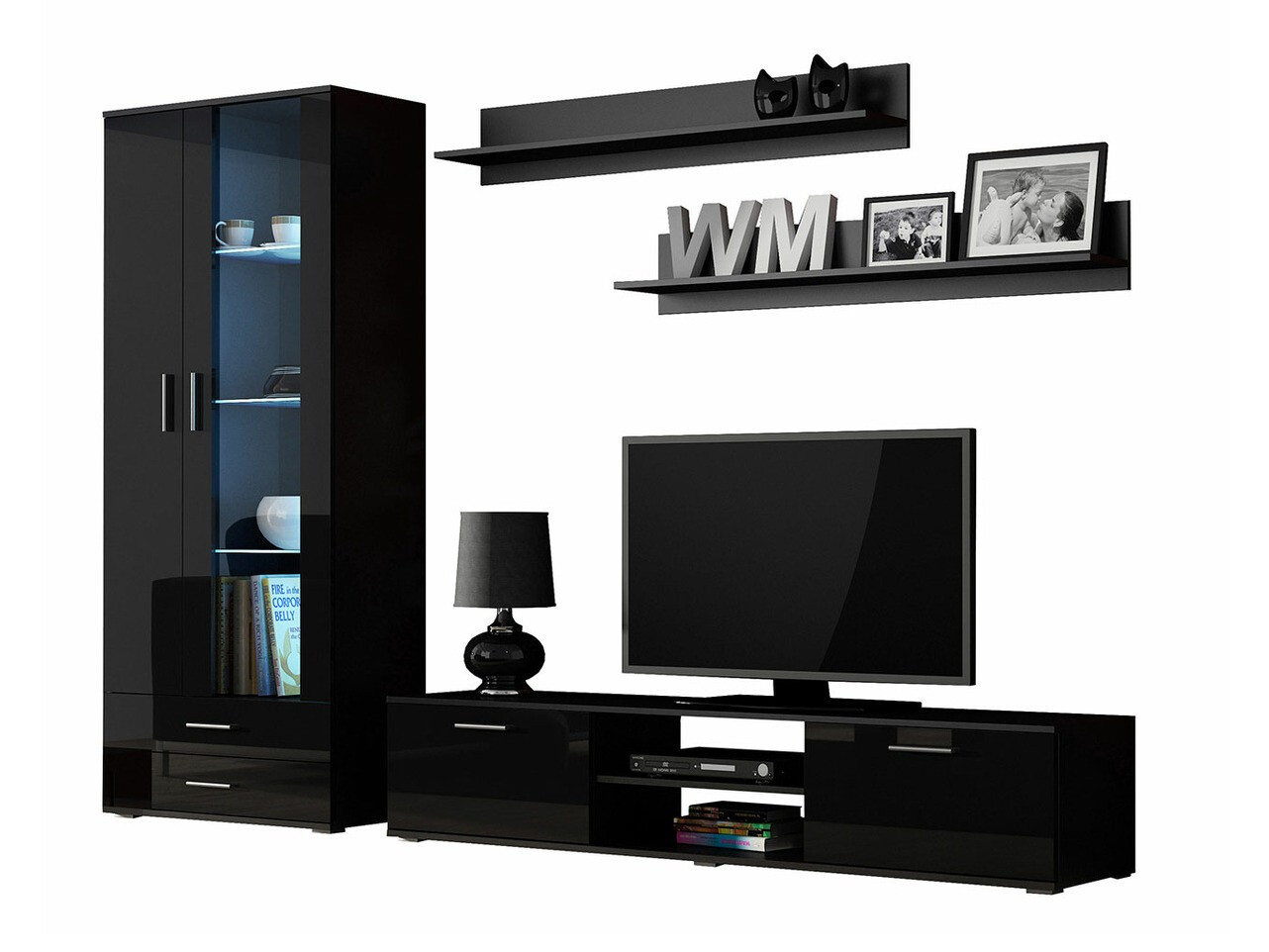 Parete attrezzata Tornola 115 (Nero + Nero lucido)