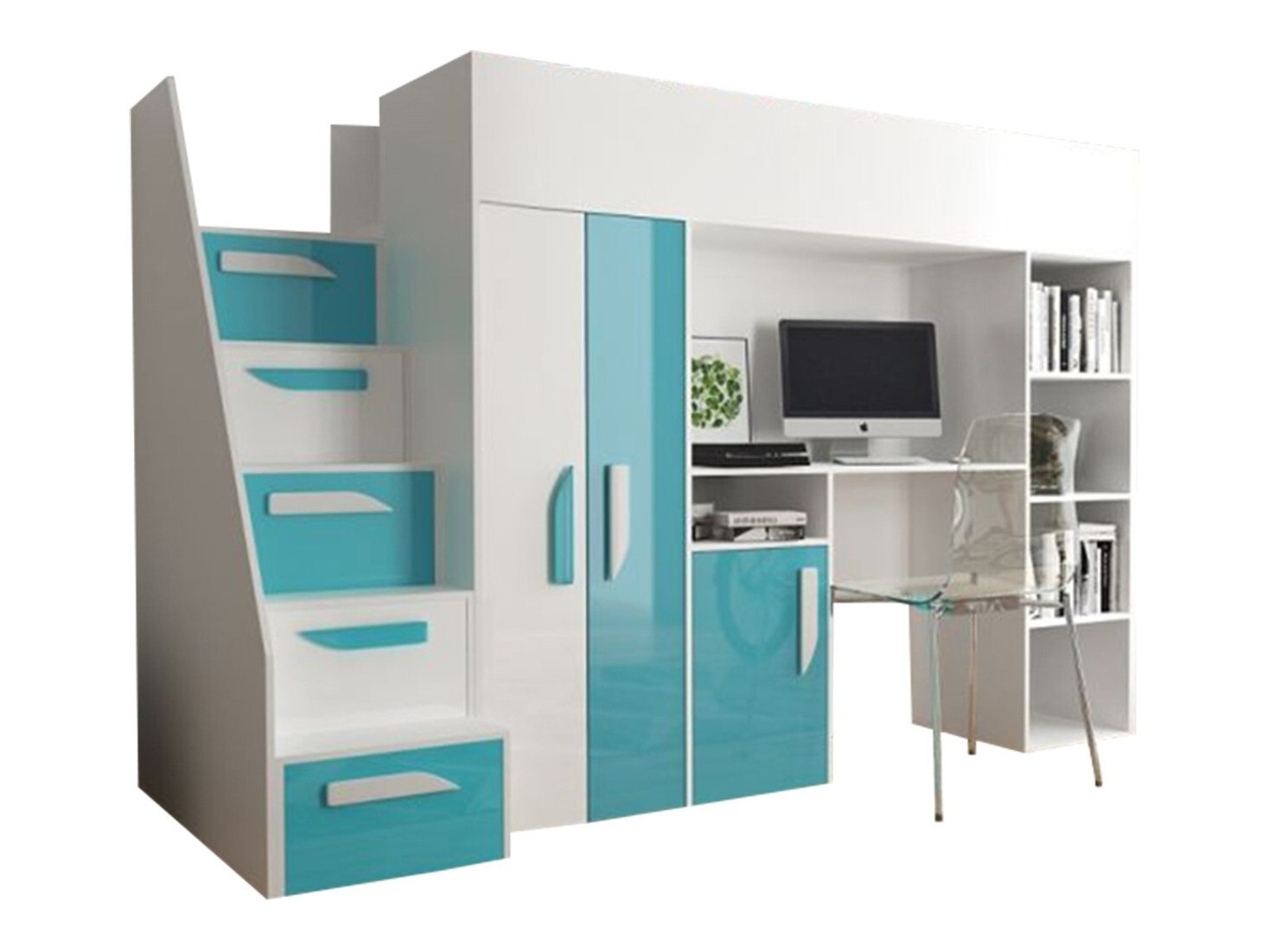 Letto alto Hartford 192 (Bianco + Lucidare Turchese + Bianco lucido)