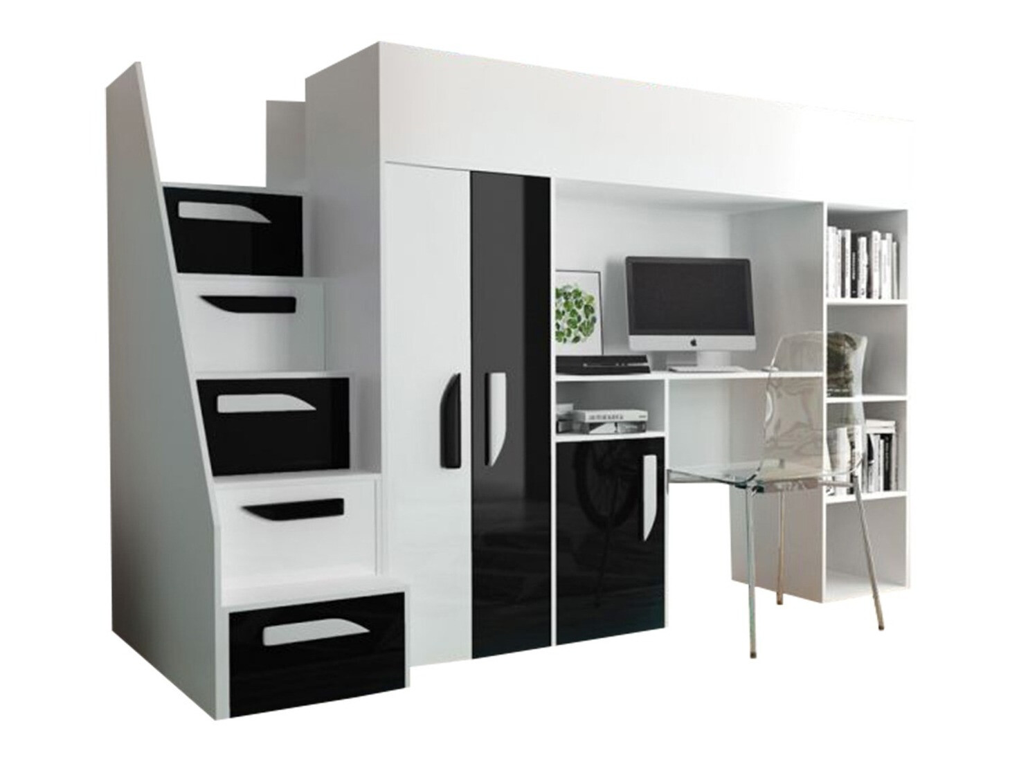 Letto alto Hartford 192 (Bianco + Nero lucido + Bianco lucido)