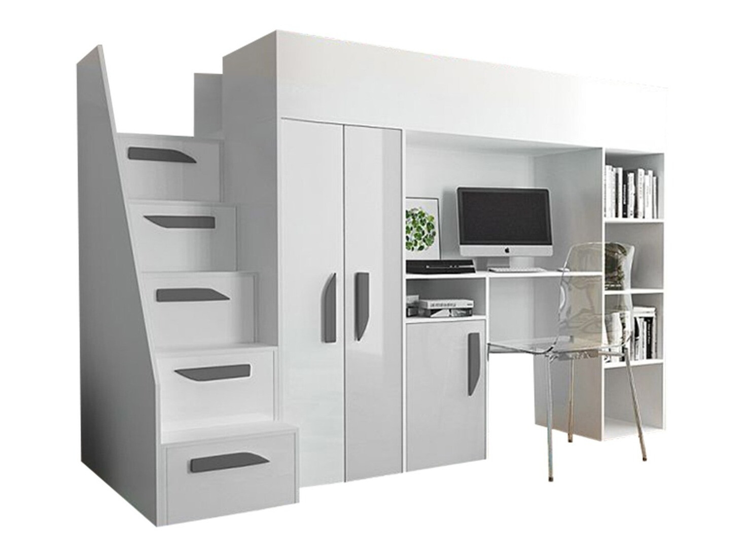 Letto alto Hartford 192 (Bianco + Bianco lucido + Grigio lucido)