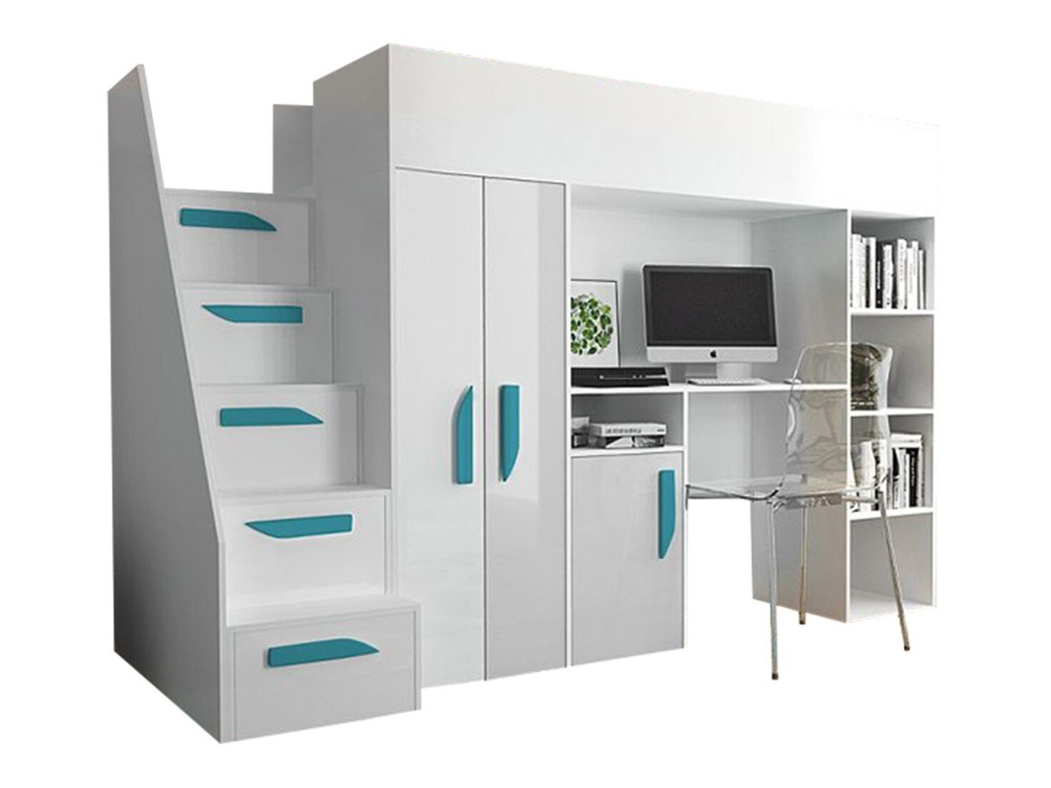 Letto alto Hartford 192 (Bianco + Bianco lucido + Lucidare Turchese)