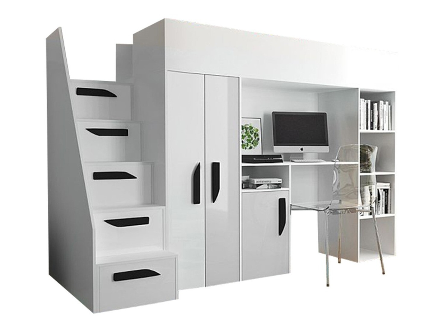 Letto alto Hartford 192 (Bianco + Bianco lucido + Nero lucido)