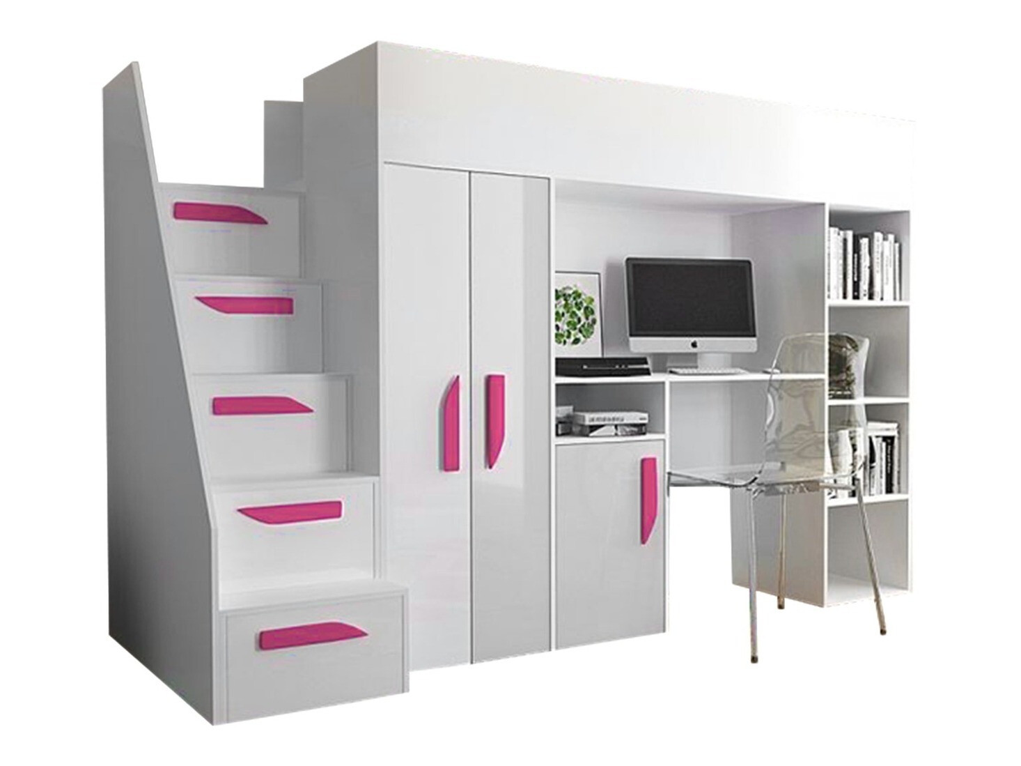 Letto alto Hartford 192 (Bianco + Bianco lucido + Rosa lucido)
