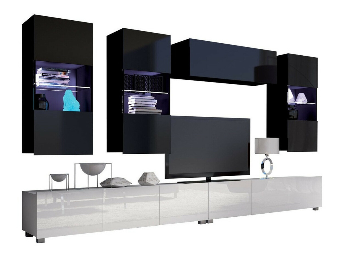 Parete attrezzata Tivdalu 109 (Bianco + Bianco lucido + Nero + Nero lucido)